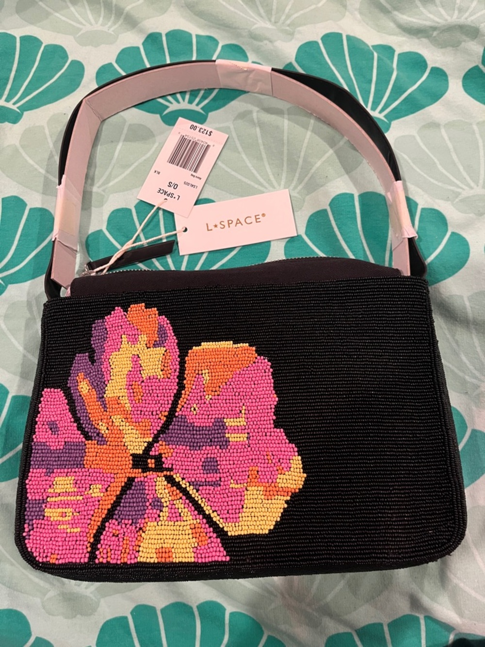 L*SPACE Black Beaded Floral Shoulder Bag in Pink & Orange